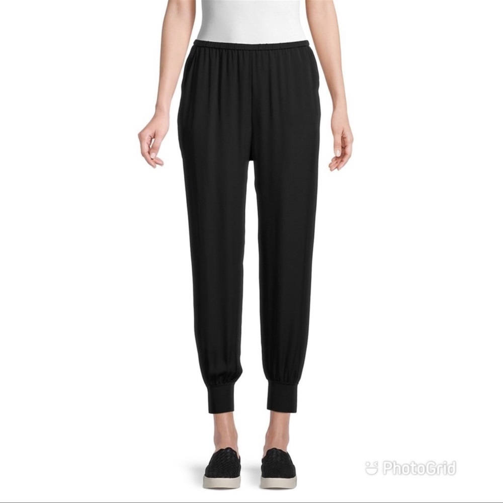Theory 100% Silk High Waist Pull On Rib Cuff Jogger Pants in Black